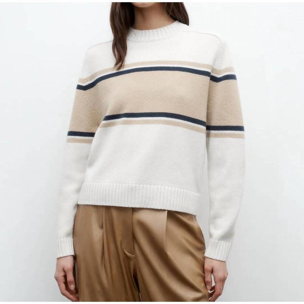 NEW TWP saddle crewneck sweater with stripes in ivory/camel